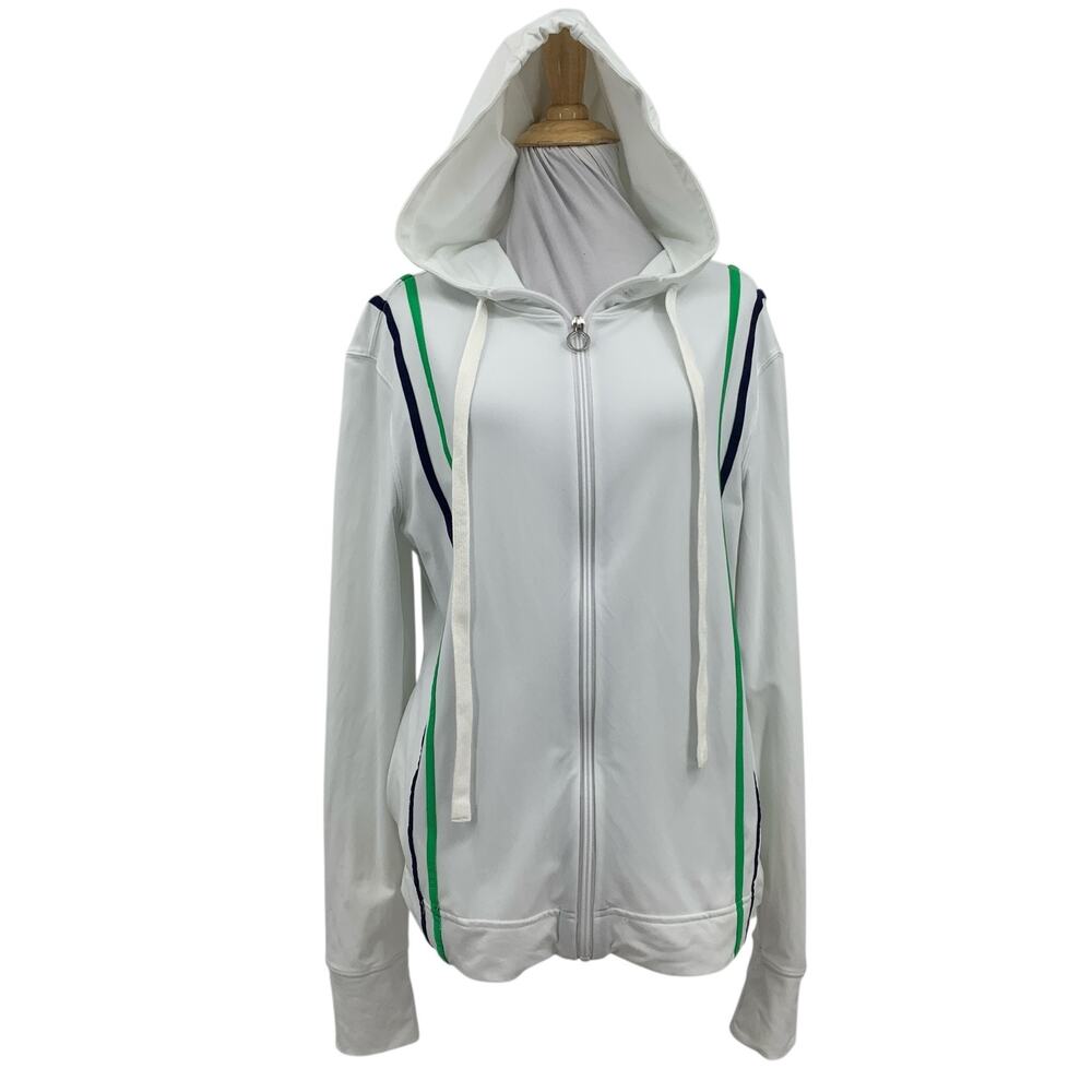 Kinona Jacket Womens M Medium White Green Black Nylon Blend Zip Up Stripe Hooded